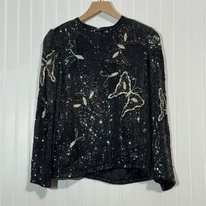 Vintage Judith Ann Creations Silk Sequin Beaded Butterfly Top M 1980s Disco Glam
